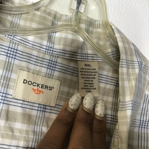 Dockers Men Button Up Plaid Shirt Long Sleeve Tan Blue White Size 4XL - Picture 4 of 4